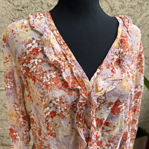 Vintage NWT 90’s Clio Floral Ruffle Button Down Bell Sleeve Blouse - Picture 2 of 8